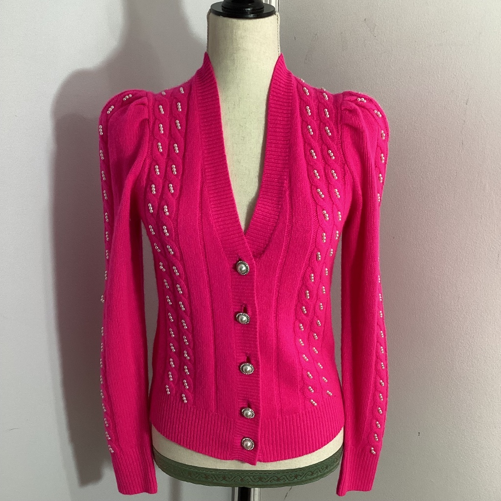 Nwt Charter Club Luxury Xs Cashmere Sweater Cardigan Pink Pearls Embroidery